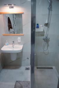 y baño con ducha y lavamanos. en Sunlight Apartment, en Skopje