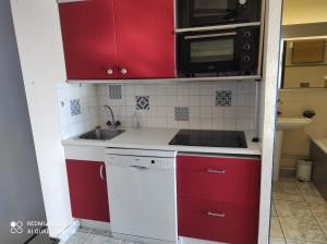 een kleine keuken met rode kasten en een magnetron bij LE BARCARES in Le Barcarès