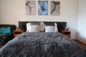 um quarto com uma cama com três pinturas na parede em Gyógyvölgy apartman em Egerszalók