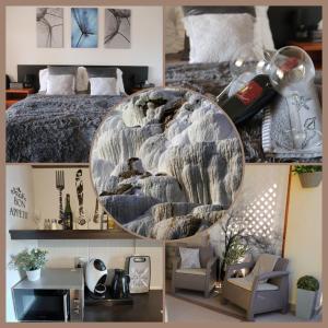 un collage de fotos de un dormitorio con cama en Gyógyvölgy apartman en Egerszalók