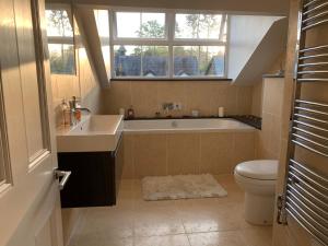 a bathroom with a tub and a sink and a toilet at The Penthouse Bowness Tranquil Loft Jacuzzi Bath & Complimentary Cascades Spa Membership in Bowness-on-Windermere