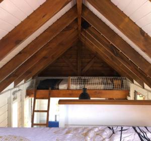 a attic room with a bunk bed and a ladder at La tiny de titanse avec piscine in Cadet