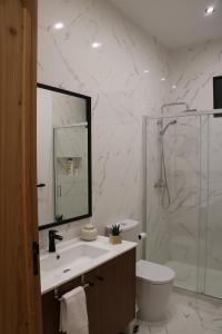 a bathroom with a toilet and a sink and a shower at Casa da Boa Vista in Algarvia