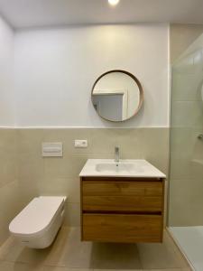 uma casa de banho com um lavatório, um WC e um espelho. em La Espiga de Segovia em La Lastrilla