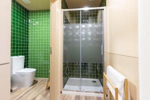 a bathroom with a shower with a toilet and green tiles at Dorigem Rooms in Casal de Loivos