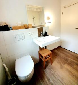 a bathroom with a white sink and a toilet at Ferienwohnung Am Musbach in Badenweiler-Sehringen in Badenweiler