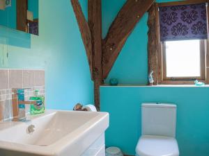 a blue bathroom with a sink and a toilet at The Granary in Kingsland