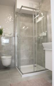 W łazience znajduje się prysznic ze szklanymi drzwiami. w obiekcie Luxus Dwie Motławy w Gdańsku