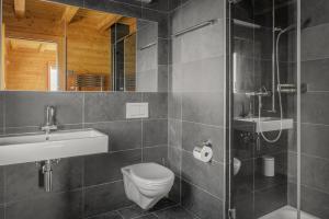 La salle de bains est pourvue de toilettes, d'un lavabo et d'une douche. dans l'établissement Nachtigall OG, à Bettmeralp