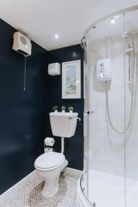 a bathroom with a toilet and a shower at The Lighthouse, Boutique apartment in the town centre in Tavistock