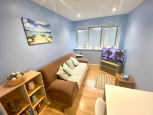 a living room with a couch and a tv at Modern Spacious Annex -Ground Floor in Brightlingsea