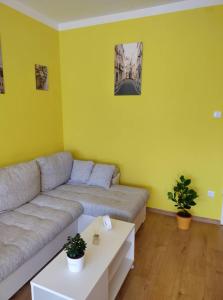 a living room with a couch and a table at Pihenő Zug Apartman in Budapest