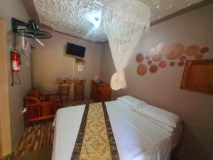 a bedroom with a bed with a mosquito net at Mesmerize Guest House in Port Antonio