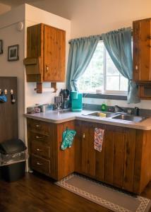 uma cozinha com armários de madeira, um lavatório e uma janela em Coastal Studio em Brookings