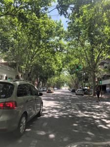 a car parked on the side of a street with trees at Cálidos departamentos en Ciudad con cochera in Mendoza