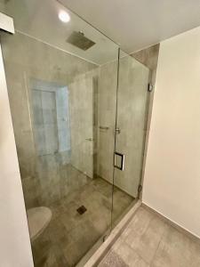 y baño con ducha y puerta de cristal. en Beautiful downtown ocean view., en Miami