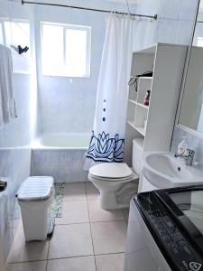 a bathroom with a toilet and a tub and a sink at Cabañas Tripanko Chiloe in Ancud