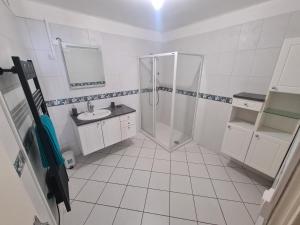 a white bathroom with a shower and a sink at Gîte Fontenoy-sur-Moselle, 2 pièces, 3 personnes - FR-1-584-173 in Fontenoy-sur-Moselle