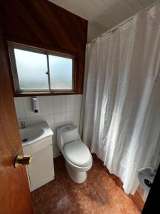 łazienka z toaletą, umywalką i oknem w obiekcie Hostal Katemu w mieście Villarrica
