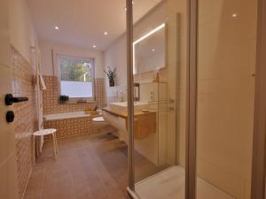 a bathroom with a shower and a toilet and a sink at Upland Apartments - Fewo Zeitgeist (inkl. MeineCardPlus) in Willingen +53 photos