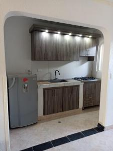 吉拉爾的住宿－Casa para disfrutar unos días en familia，厨房配有木制橱柜和不锈钢冰箱。