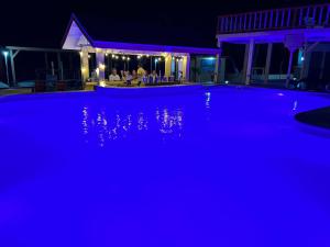 a swimming pool in front of a house at night at Tropical Paradise in Caye Caulker