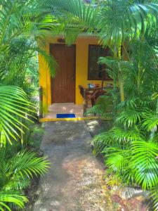a house with a wooden door and some palm trees at Chekesh Casa in Siquijor