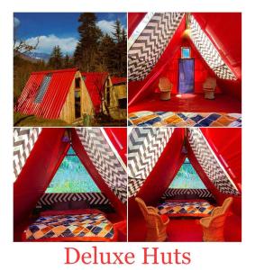 uma colagem de quatro imagens de uma tenda vermelha em TravelOn Manali Resort em Manali