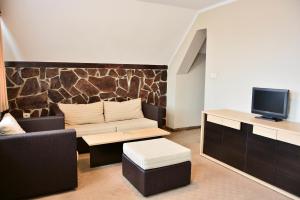 a living room with a couch and a tv at Olymp Hotel in Bansko