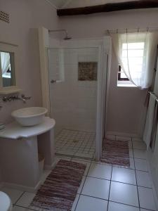 La salle de bains blanche est pourvue d'un lavabo et d'une douche. dans l'établissement Aloe Valley Retreat, à Oudtshoorn