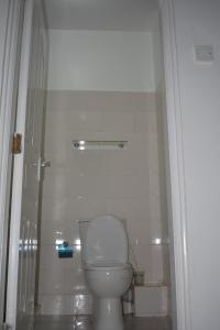 a bathroom with a white toilet and a shower at One bedroom apartment in Nairobi