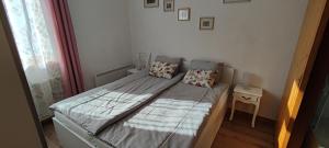 - un petit lit dans une petite chambre avec fenêtre dans l'établissement Apartma Vila Kočna, à Zgornje Jezersko