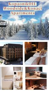 un collage di foto di un hotel con alberi innevati di Kopaonik011 Konaci&WoodSide Apartments a Kopaonik