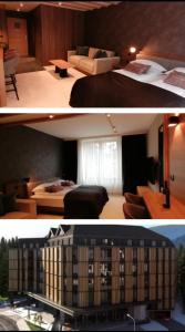 2 immagini di una camera da letto e di una camera d'albergo di Kopaonik011 Konaci&WoodSide Apartments a Kopaonik