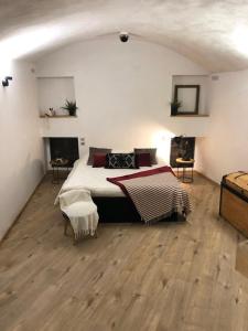 1 dormitorio con 1 cama grande y suelo de madera en atelier clermont ferrand historique, en Clermont-Ferrand