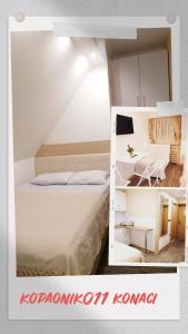 two pictures of a bedroom with a bed and a desk at Kopaonik011 Konaci&WoodSide Apartments in Kopaonik
