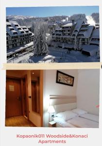dos fotos de un dormitorio y una habitación de hotel en Kopaonik011 Konaci&WoodSide Apartments, en Kopaonik