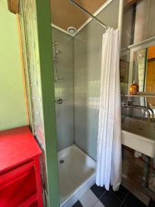 La salle de bains est pourvue d'une douche, d'une baignoire et d'un lavabo. dans l'établissement Jolie cabane avec jacuzzi pour les amoureux de la nature, à Tullins