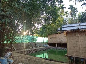 einen Pool mit grünem Wasser neben einem Gebäude in der Unterkunft Assam Villa - by Storyweavers Retreat in Jorhat