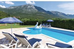 a swimming pool with chairs and a swan in the middle at Villa Heart of Stone in Ploče