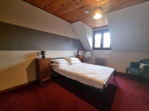 1 dormitorio con 1 cama en un ático con ventana en Firs Lake, en Ruillé-le-Gravelais