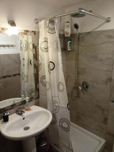 uma casa de banho com um lavatório e uma cortina de chuveiro em A casa di Edi em Roma