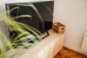 een flatscreen-tv bovenop een houten kast bij White Apartment in Ljubljana