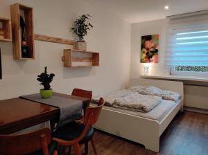 een slaapkamer met een bed en een tafel en een eetkamer bij FeWo Clemens - Wohnküche + 2 Schlafräume + Bad + Terrasse in Hamm