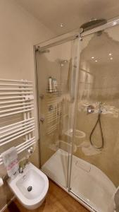 La salle de bains est pourvue d'une douche, de toilettes et d'un lavabo. dans l'établissement Relax Home Fie' allo Sciliar - Alpe di Siusi Val Gardena, à Fiè