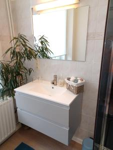 a bathroom with a sink and a mirror at De galerie - dessert coulors in Ypres