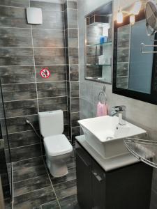 La salle de bains est pourvue de toilettes blanches et d'un lavabo. dans l'établissement Modern Residence in the Center of Trikala, à Tríkala