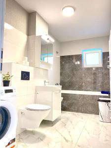 Un baño blanco con inodoro y lavabo. en Hunyadi Luxury Kogalniceanu, en Sibiu 48 fotos más