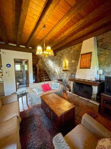 Lilea Country House في Lílaia: غرفة معيشة مع أريكة ومدفأة