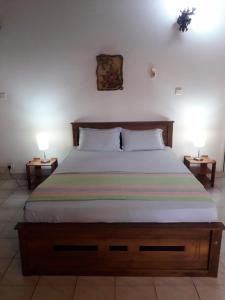 a bedroom with a large bed with two lamps on both sides at Ceylon Travel and Stay Lodge in Battaramulla